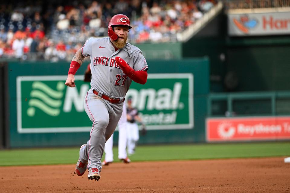 Jul 3, 2023; Washington, District of Columbia, USA; Cincinnati Reds left fielder Jake Fraley (27) runs to third base against the Washington Nationals during the second inning at Nationals Park.