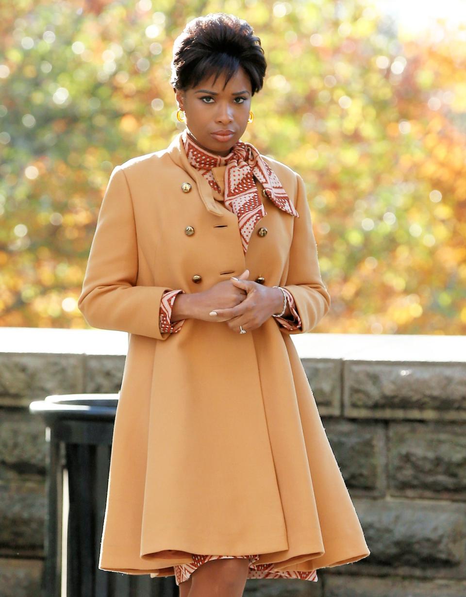 Jennifer Hudson channels Aretha Franklin while filming the biopic <em>Respect</em> on New York City's Upper West Side on Wednesday.