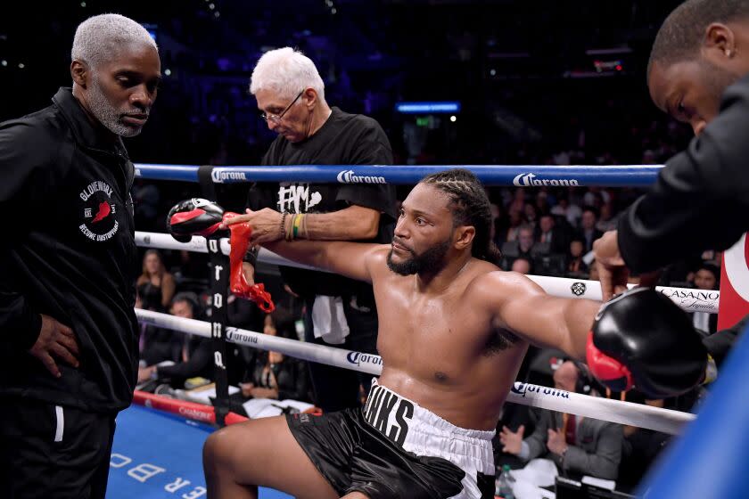 Joe Hanks reacts after a first round knock out loss to Joe Joyce during a WBA Continental Heavyweight bout at Staples Center