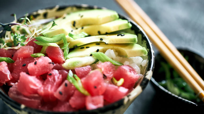 Poke ingredients in a bowl