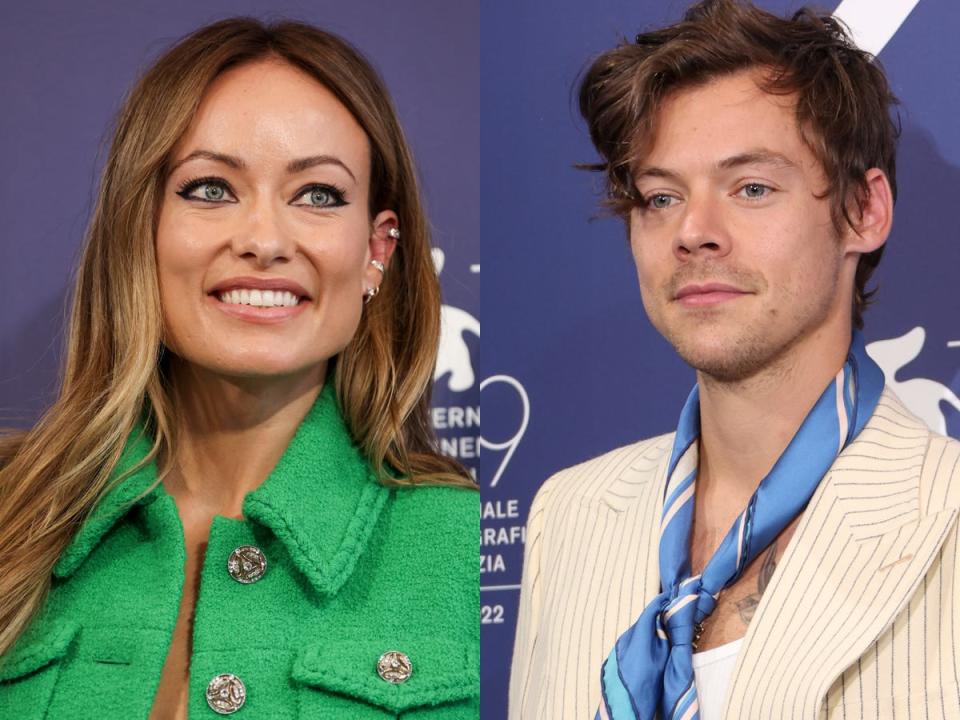 Olivia Wilde and Harry Styles photographed separately at a photo call for "Don't Worry Darling" at the 2022 Venice Film Festival.