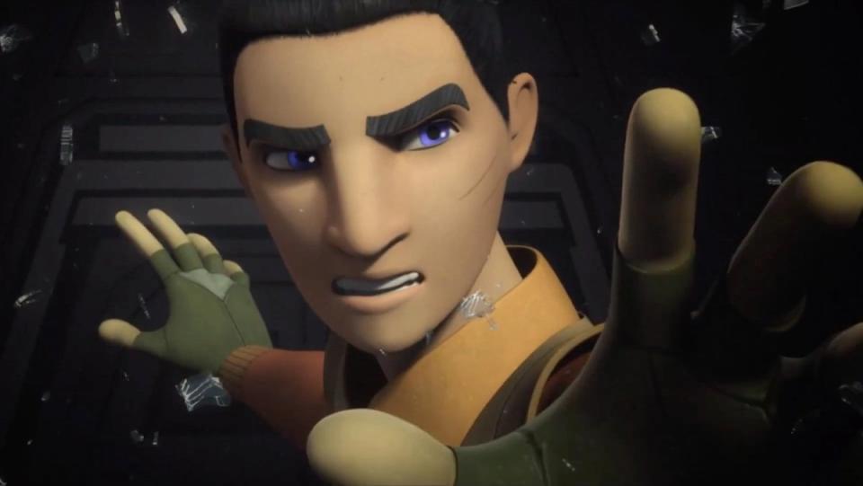 Ezra Bridger with his arms held out as glass breaks around him on Star Wars Rebels