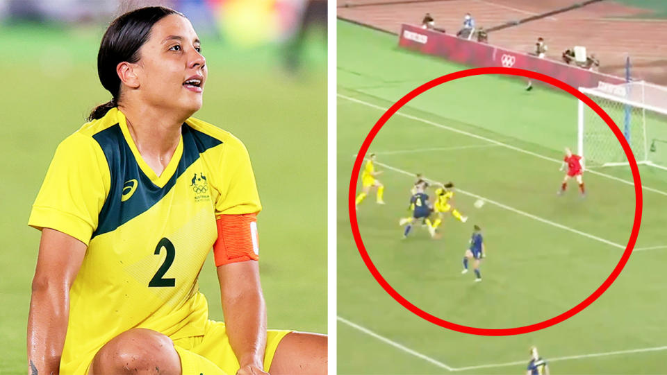 Sam Kerr (pictured left) crying after the Matildas loss and (pictured right) her goal disallowed against Sweden at the Olympics.