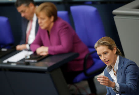 Alice Weidel of the Anti-immigration party Alternative for Germany (AfD) addresses at the German lower house of parliament Bundestag in Berlin, Germany, February 22, 2018. REUTERS/Axel Schmidt