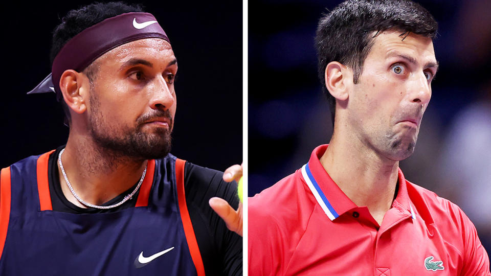 Nick Kyrgios concentrates on a serve on the left, and Novak Djokovic reacts to a shot on the left.