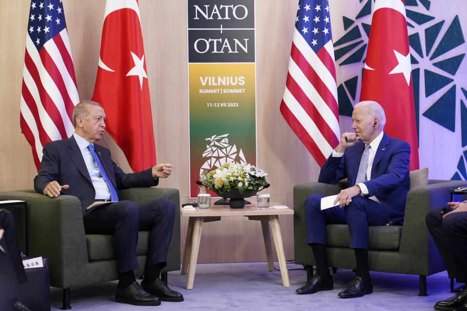 President Joe Biden and Turkey's President Recep Tayyip Erdogan meet on the sidelines of the NATO summit in Vilnius, Lithuania, Tuesday, July 11, 2023. (AP Photo/Susan Walsh)
