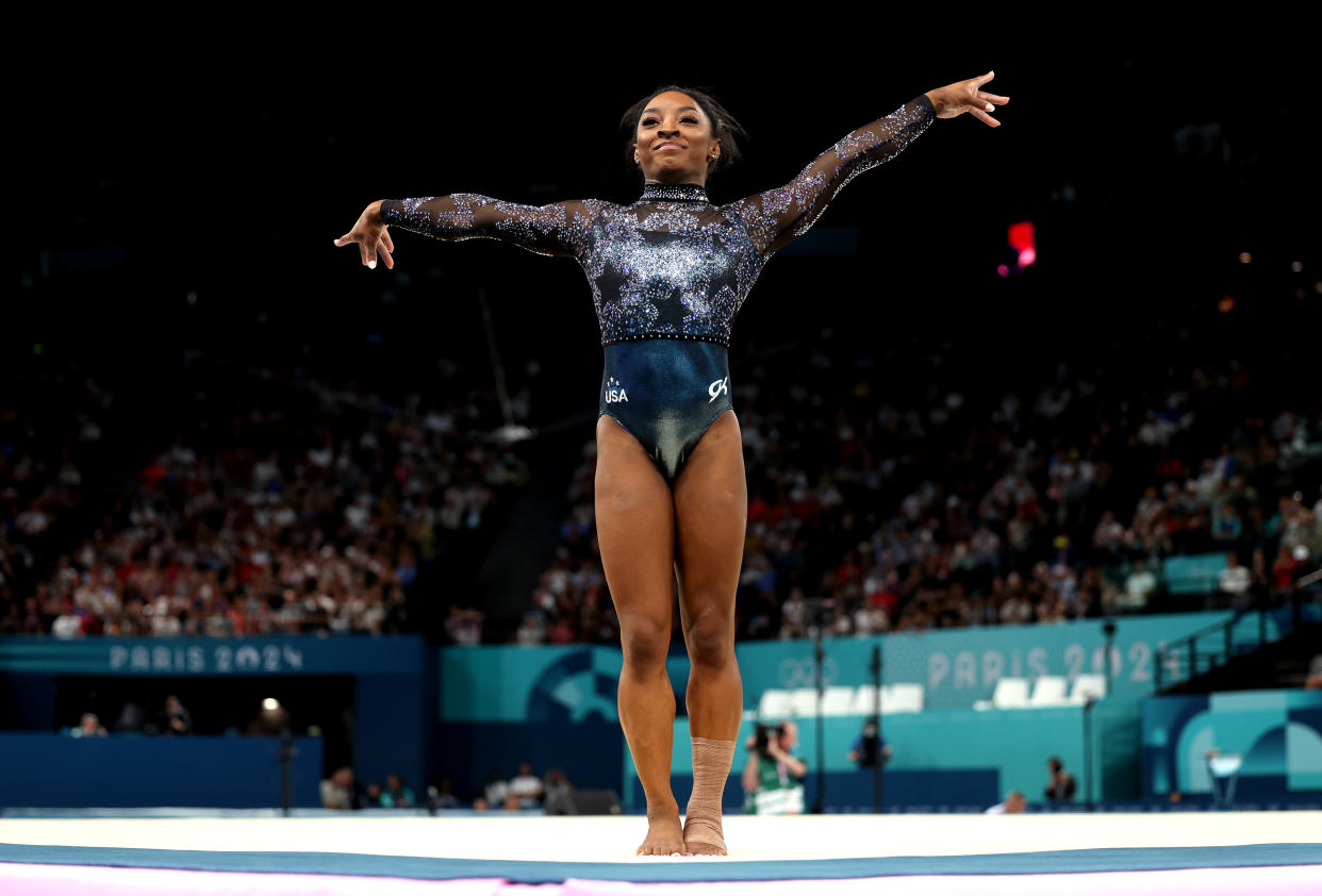 PARIS, FRANCE - JULY 28: Simone Biles of Team United States competes in the floor exercise during the Artistic Gymnastics Women's Qualification on day two of the Olympic Games Paris 2024 at Bercy Arena on July 28, 2024 in Paris, France. (Photo by Jamie Squire/Getty Images)