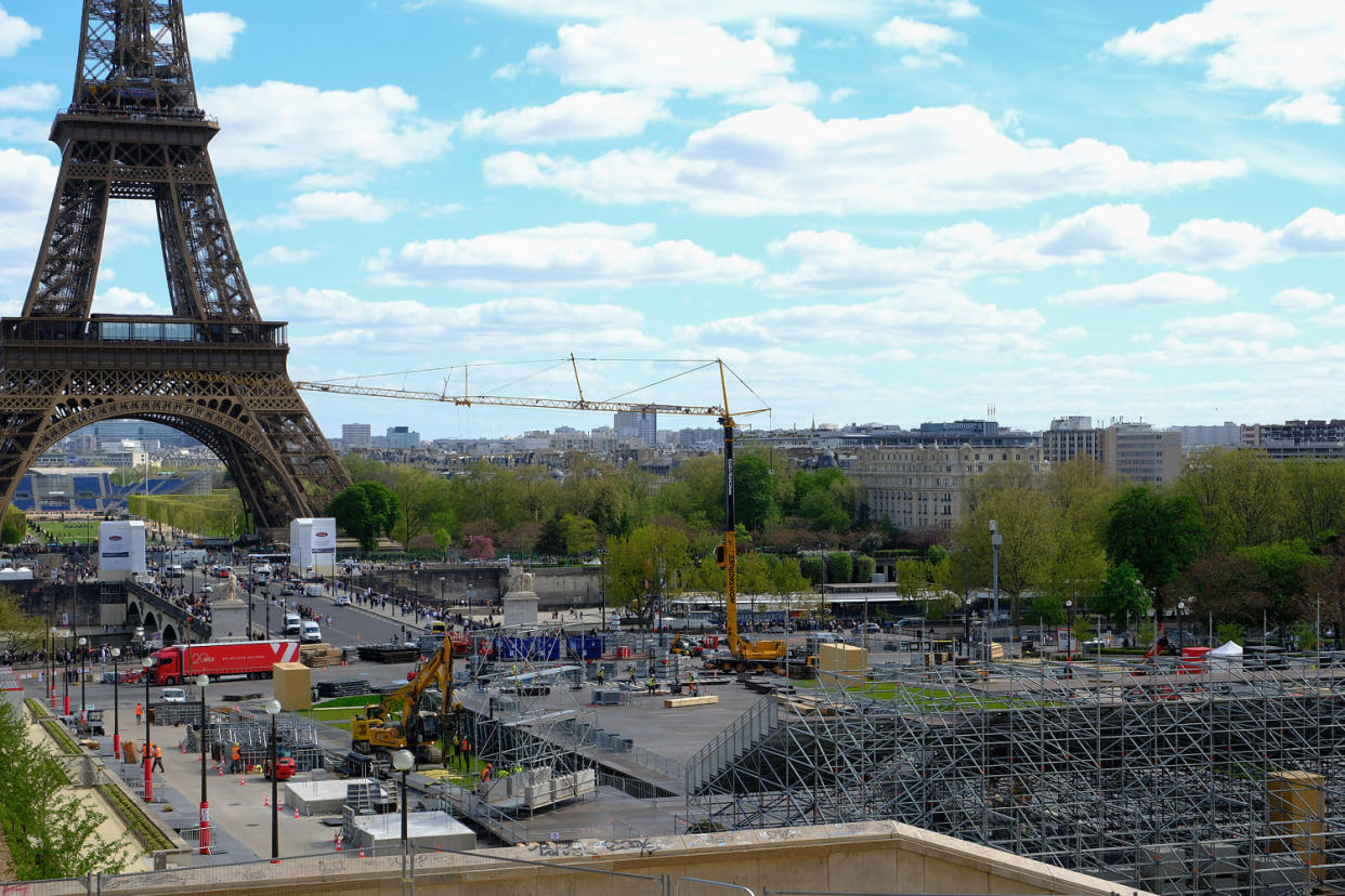 Paris, France. 10th Apr, 2024. Trocadero construction site for the upcoming Paris 2024 Olympic Games in Paris, France on April 10, 2024. Photo by Marie Hubert Psaila/ABACAPRESS.COM. Credit: Abaca Press/Alamy Live News (Abaca Press / Alamy Live News)