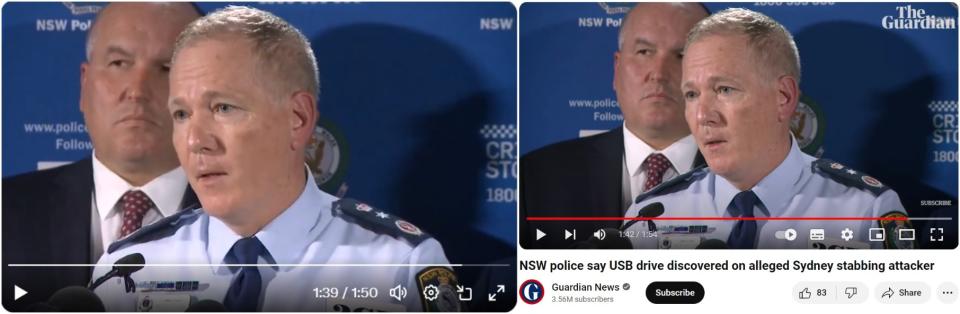 <span>Screenshot comparison of the video used in the false posts (left) and video posted on YouTube in August 2019 (right)</span>