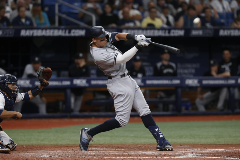 New York Yankees' Aaron Judge hits a home run against the Tampa Bay Rays during the seventh inning of a baseball game Wednesday, June 22, 2022, in St. Petersburg, Fla. (AP Photo/Scott Audette)