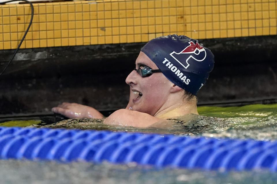 Pennsylvania's Lia Thomas reacts after winning the women's 500-yard freestyle final at the NCAA swimming and diving championships Thursday, March 17, 2022, at Georgia Tech in Atlanta. Thomas became the first known transgender woman to win an NCAA swimming championship. (AP Photo/John Bazemore)