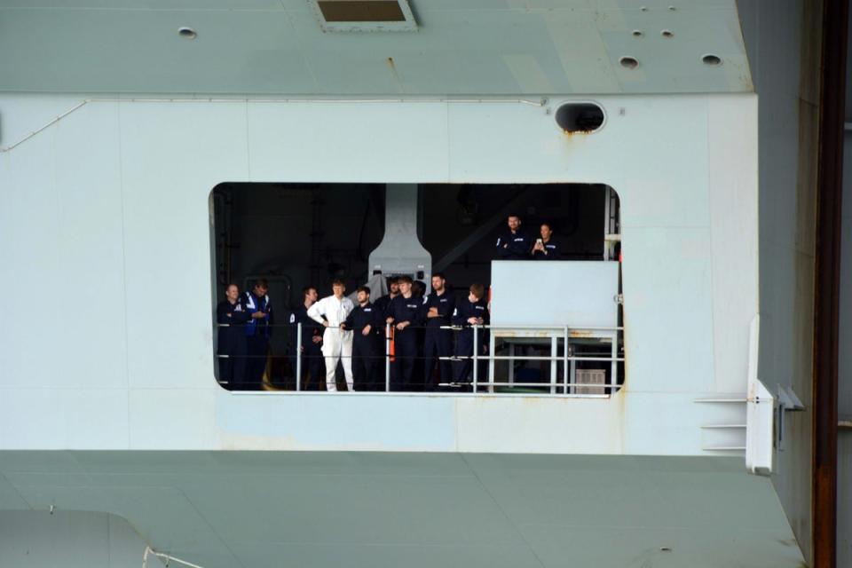 The crew of the HMS Prince of Wales as it sails into Portsmouth (Ben MItchell/PA) (PA Wire)