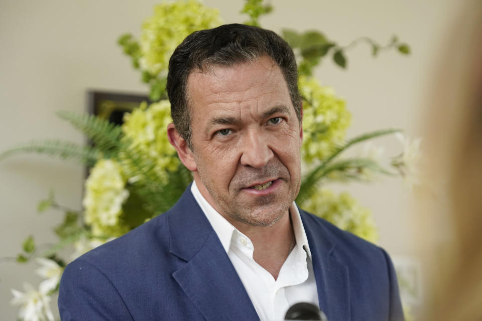 Republican State Sen. Chris McDaniel, a candidate in the party's lieutenant governor primary, speaks with a reporter after voting at his Ellisville, Miss., precinct, Tuesday, Aug. 8, 2023. McDaniel faces incumbent Lt. Gov. Delbert Hosemann who is seeking reelection, and a political unknown. (AP Photo/Rogelio V. Solis)