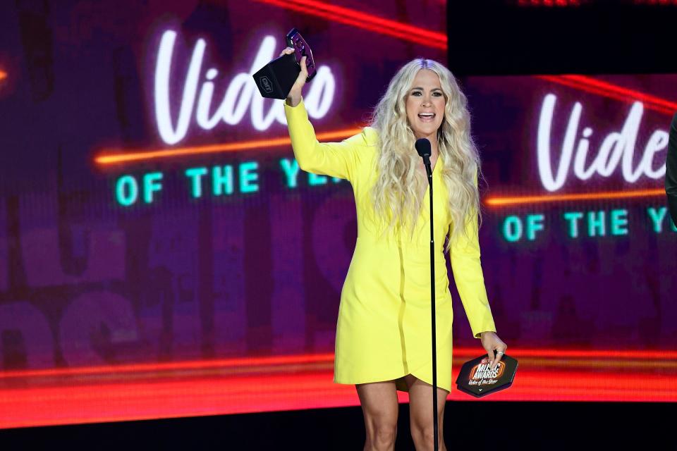 Carrie Underwood accepts the award for Video of they Year during the 2021 CMT Music Awards at Bridgstone Arena in Nashville, Tenn, on Wednesday, June 9, 2021.