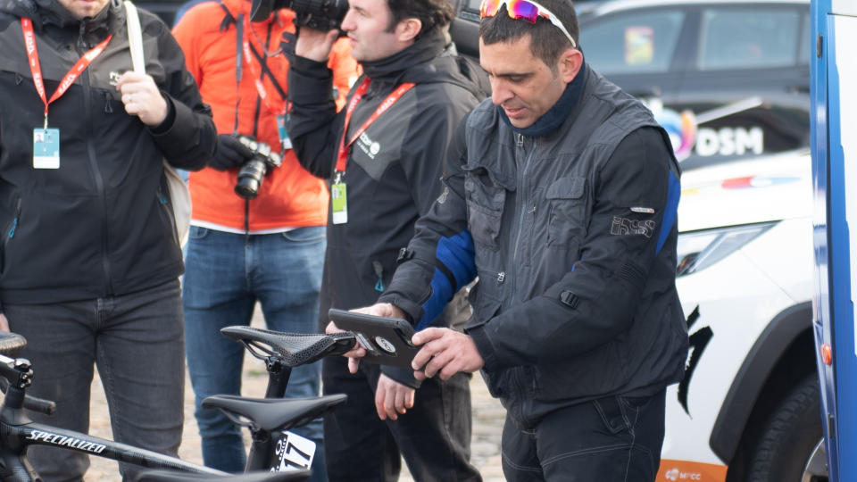 Peter Sagans Specialized Roubaix bike is scanned before the race by the UCI