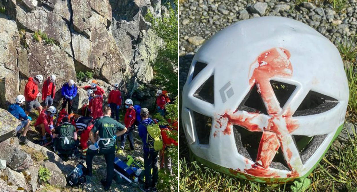 A teenage climber was saved by his helmet after a fall from a cliff face in the Lake District (Keswick Mountain Rescue Team)