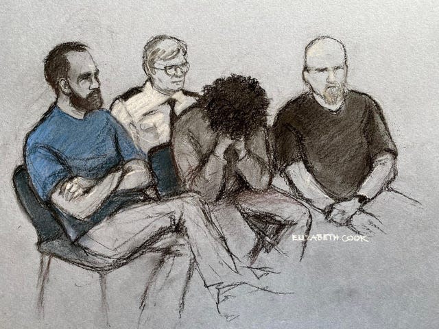 Court sketch of Axel Rudakubana with head bowed, flanked by security officers