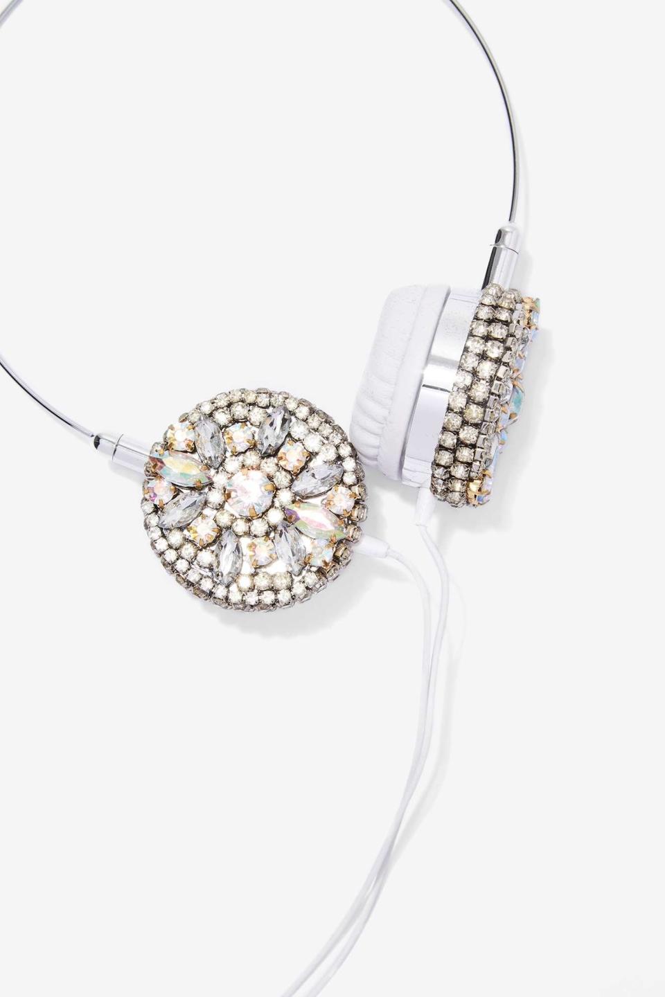 Skinnydip London Hear Them Bling Rhinestone Headphones, $50, <a href="http://www.nastygal.com/accessories-tech/skinnydip-london-hear-them-bling-rhinestone-headphones" target="_blank">Nasty Gal</a>