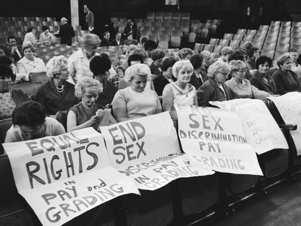 Striking female machinists from the Ford plant in Dagenham attend a women's conference on equal rights in industry at Friends House, Euston, 28th June 1968: Photo by Bob Aylott/Keystone/Getty Images