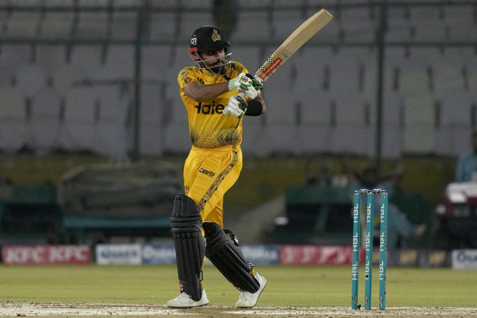 Peshawar Zalmi' Babar Azam plays a shot during the Pakistan Super League T20 cricket match between Peshawar Zalmi and Karachi Kings, in Karachi, Pakistan, Monday, March 11, 2024. (AP Photo/Fareed Khan)