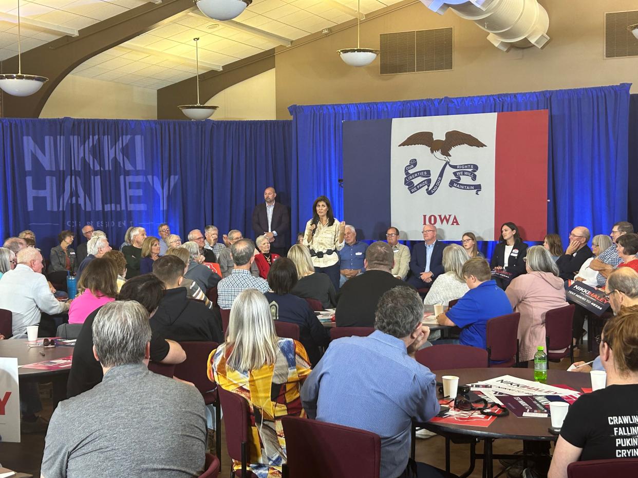 Republican presidential hopeful Nikki Haley speaks to a crowd of more than 100 potential caucusgoers Saturday at Central College in Pella. The stop in Pella concluded Haley's two-day swing in Iowa.