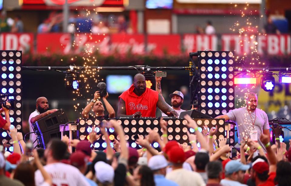 Jul 1, 2023; Philadelphia, Pennsylvania, USA; Shaquille O'Neal performs as DJ Diesel after the game between the Washington Nationals and Philadelphia Phillies at Citizens Bank Park. Mandatory Credit: Kyle Ross-USA TODAY Sports