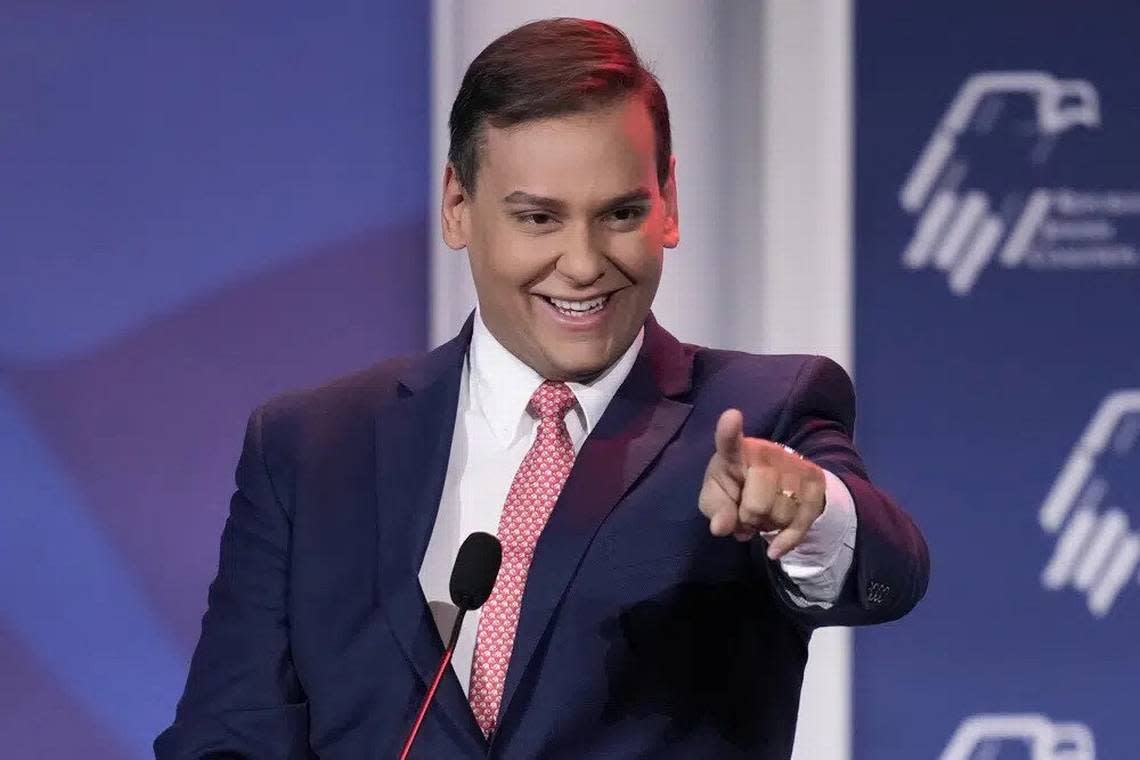 Newly elected U.S. Rep. George Santos, R-New York, speaks at an annual leadership meeting of the Republican Jewish Coalition in Las Vegas in November 2022.