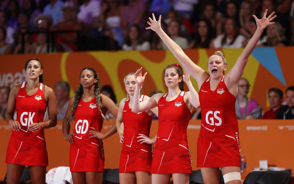 Joanne Harten of Team England (R) gestures from the sidelines during the Netball Semi-Final match between Team England and Team Australia  - GETTY IMAGES