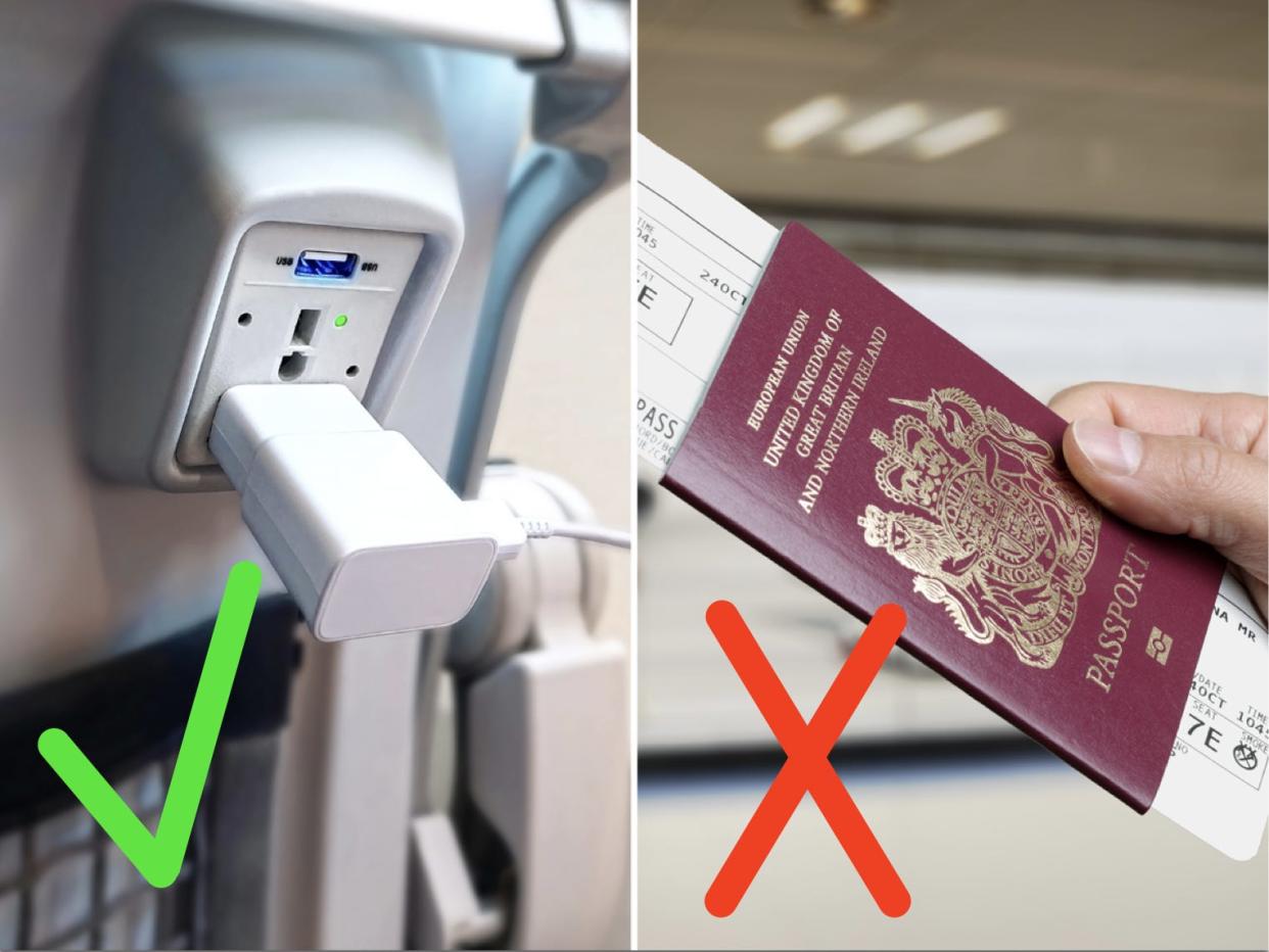 checkmark over a phone charger plugged in on a plane and an X over a hand holding a passport