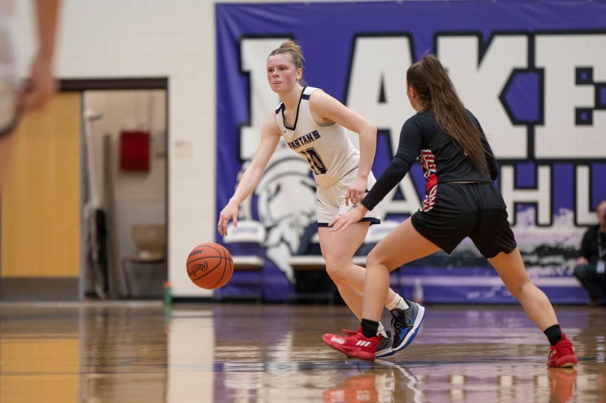 Lakeview sophomore Anya Rankin dribbles during a game against Marshall at Lakeview High School on Tuesday, Nov. 29, 2022.