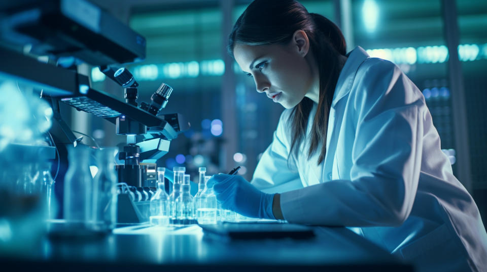 A laboratory technician pipetting a sample in a research facility with a high-tech microscope.