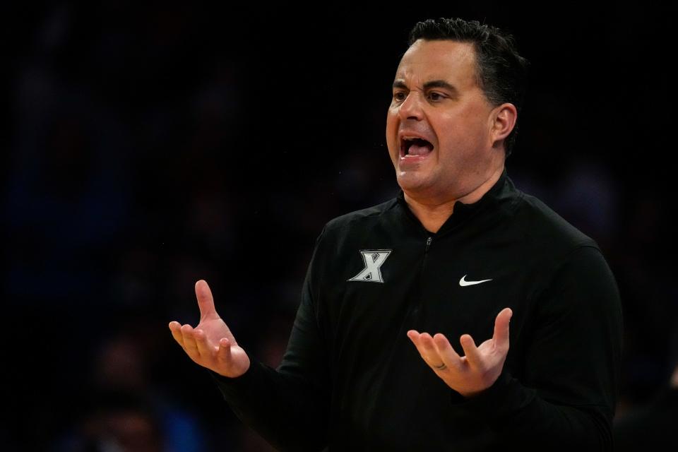 Xavier Musketeers head coach Sean Miller reacts in the first half of the NCAA Big East Conference Tournament second round game between the Connecticut Huskies and the Xavier Musketeers at Madison Square Garden in New York City on Thursday, March 14, 2024.