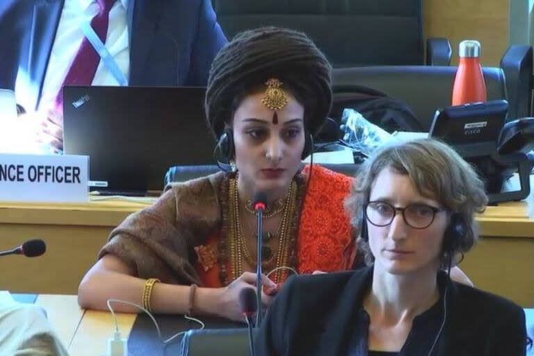 Una mujer que se identificó como Vijayapriya Nithyananda y se presentó como embajadora de Kailasa tomó la palabra en un comité de la ONU