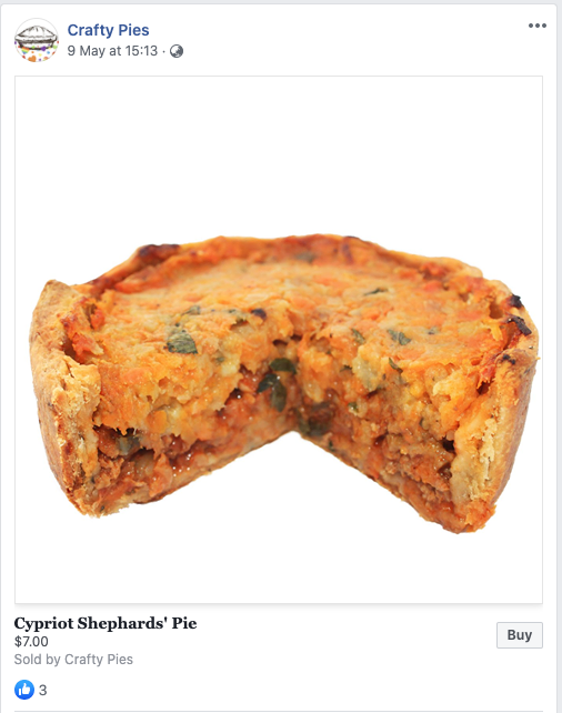 The Cypriot Shepherd's Pie advertised on Facebook from Wellington-based bakery Crafty Pies.