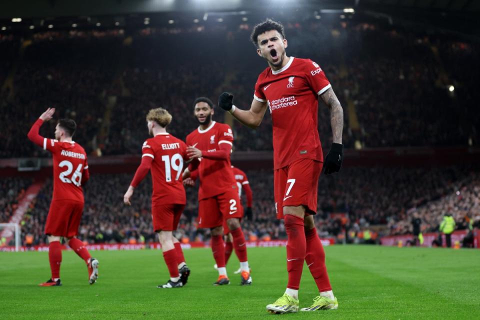 Luis Diaz celebrates scoring Liverpool’s third goal of the game (Getty)