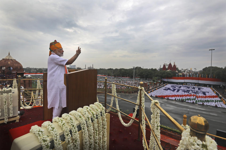 Indian Prime Minister Narendra Modi addresses to the nation on the country's Independence Day from the ramparts of the historical Red Fort in New Delhi, India, Thursday, Aug. 15, 2019. Modi said that stripping the disputed Kashmir region of its statehood and special constitutional provisions has helped unify the country. Modi gave the annual Independence Day address from the historic Red Fort in New Delhi as an unprecedented security lockdown kept people in Indian-administered Kashmir indoors for an eleventh day. (AP Photo/Manish Swarup)