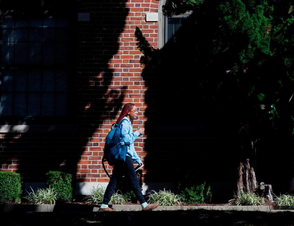 A person walks through the campus of North Carolina Central University on Tuesday, March 12, 2024, in Durham, N.C. 