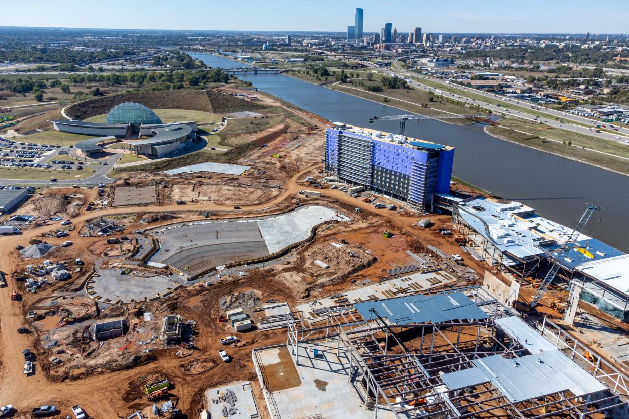 The 11-story OKANA hotel has topped out and the facade work is underway as the resort tracks for an opening in early 2025.