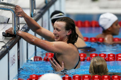 Katie Ledecky reacts after winning Olympic gold in the 800m freestyle. (AP)