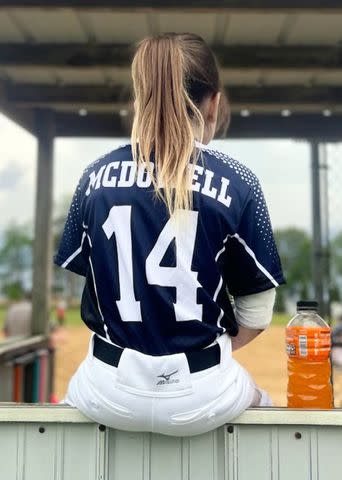 <p>Jessica Cavillo</p> Adalynn at softball