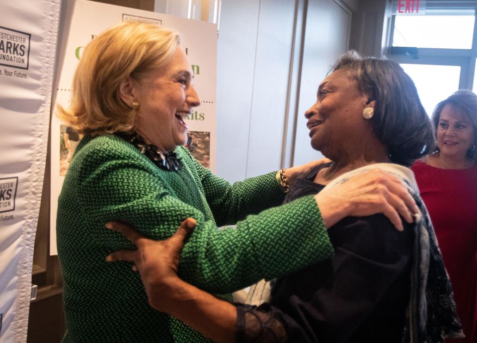 Hillary Rodham Clinton greets New York State Senate Majority Leader Andrea Stewart-Cousins before she was honored by The Westchester Parks Foundation with its inaugural Leadership Award at its 46th anniversary gala at the Glen Island Harbour Club in New Rochelle Sept. 21, 2023.