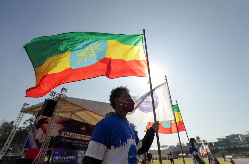 FILE PHOTO: A volunteer holds an Ethiopian flag during a blood donation ceremony for the injured members of Ethiopia's National Defense Forces, at the stadium in Addis Ababa