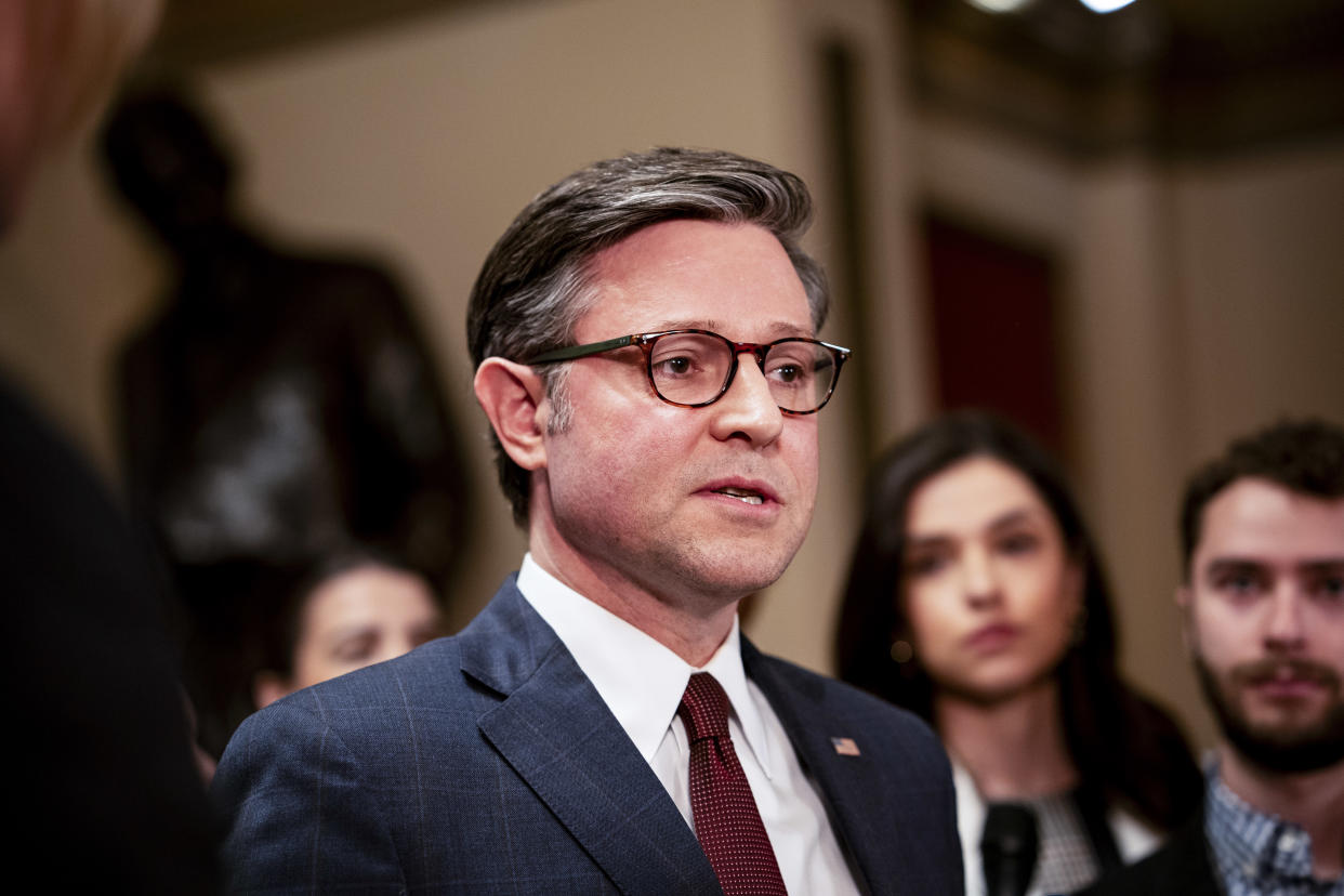 House Speaker Mike Johnson (R-La.) talks to the press after the House passed a series of foreign aid bills, at the Capitol in Washington on Saturday April 20, 2024. (Haiyun Jiang/The New York Times)