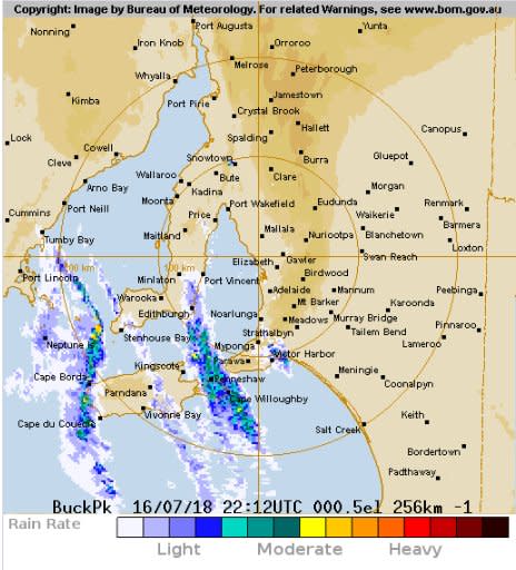 The BOM says A fast moving front with damaging winds and squally showers is expected to affect Adelaide from 8:30 am on Tuesday. Source: Bureau of Meteorology