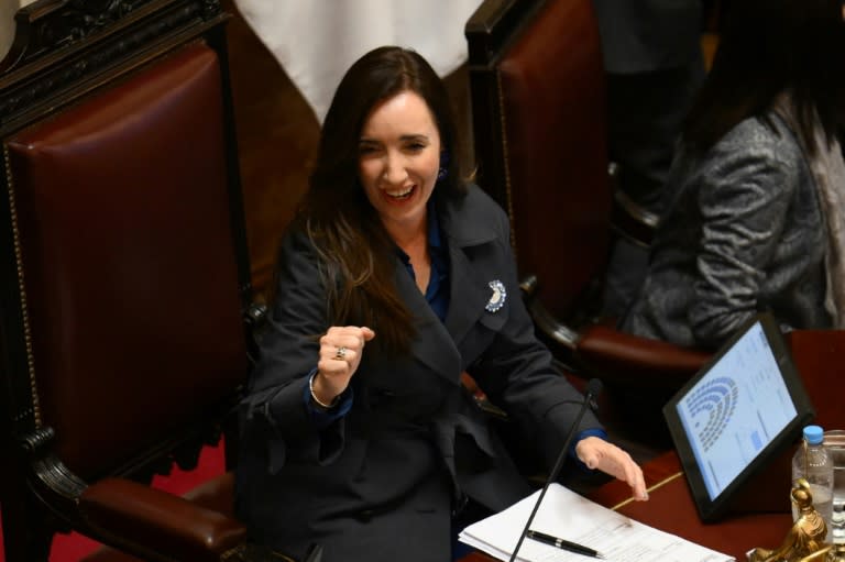 La presidenta del Senado, Victoria Villarruel, al instalar la sesión para debatir la ley Bases el 12 de junio de 2024. (Luis ROBAYO)