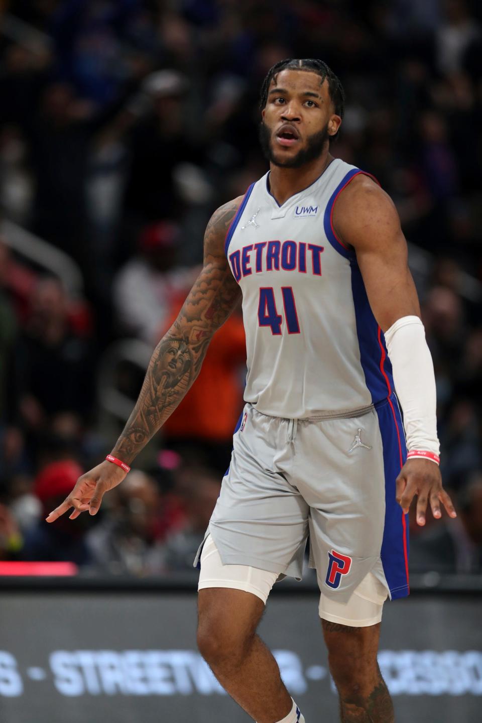Detroit Pistons forward Saddiq Bey reacts after a 3-pointer against the Philadelphia 76ers during the fourth quarter Thursday, March 31, 2022, at Little Caesars Arena in Detroit.