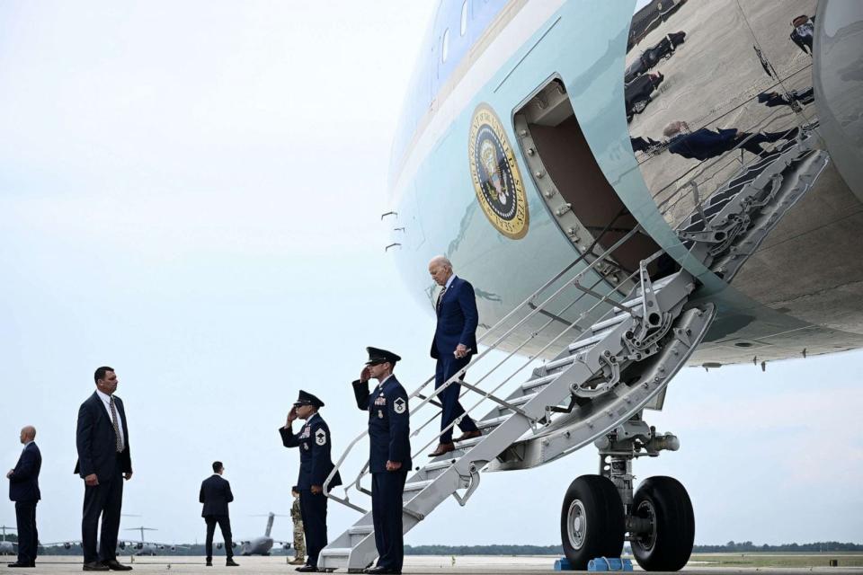 PHOTO: In this July 6, 2023, file photo, President Joe Biden disembarks Air Force One at Joint Base Andrews in Maryland, as he travels back to the White House in Washington, D.C. (Brendan Smialowski/AFP via Getty Images, FILE)