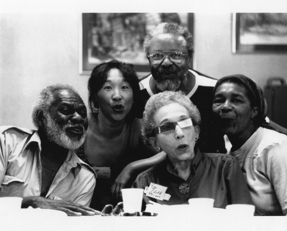 Lori Tan Chinn, second from left, with a group that includes Lloyd Richards, Artistic Director of the National Playwrights Conference (top) and Dramaturg Edith Oliver (second from right) | Eugene O'Neill Theater Center