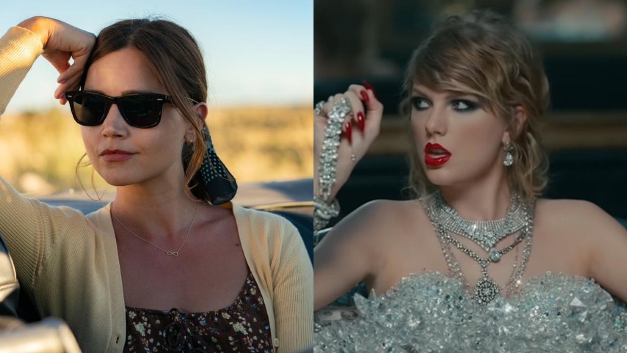  From left to right: A press image of Jenna Coleman in Wilderness and a screenshot of Taylor Swift in a bathtub of diamonds in the Look What You Made Me Do music video. 