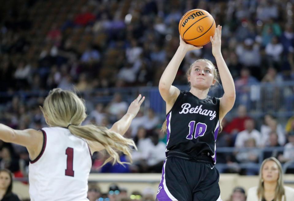 Bethany's Kayten Donley (10) puts up a shot during the Class 4A girls state basketball championship between Bethany and Lincoln Christian at the State Fair Arena in Oklahoma City, Saturday, March 11, 2023.